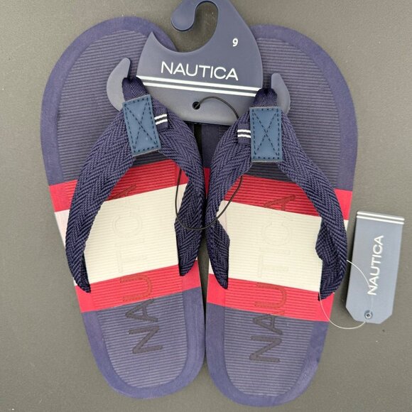 Nautica Mens Eccen Flip Flops Size 9 Navy Blue Red White Striped Sandals - Picture 2 of 5